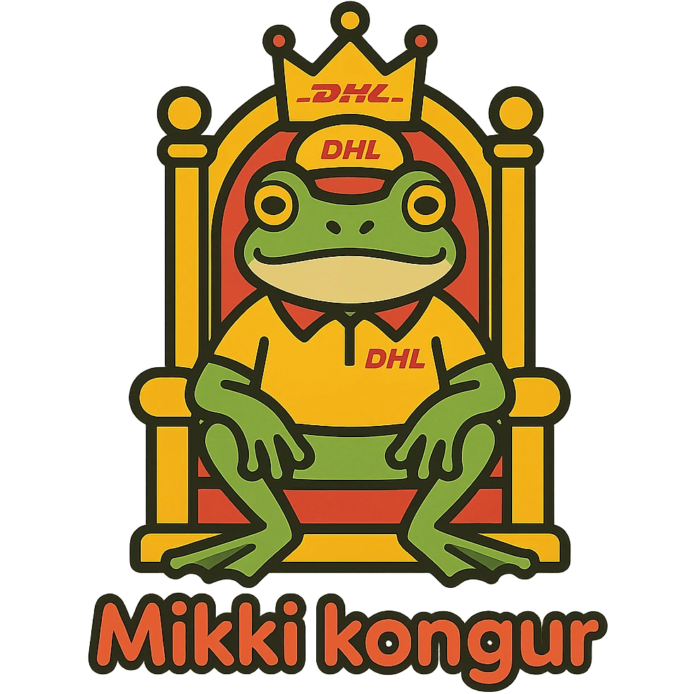 regal frog mascot in DHL Express uniform sitting on a throne with 'Mikki kongur' written in a fun rounded font, colorful outlined icon style emoji