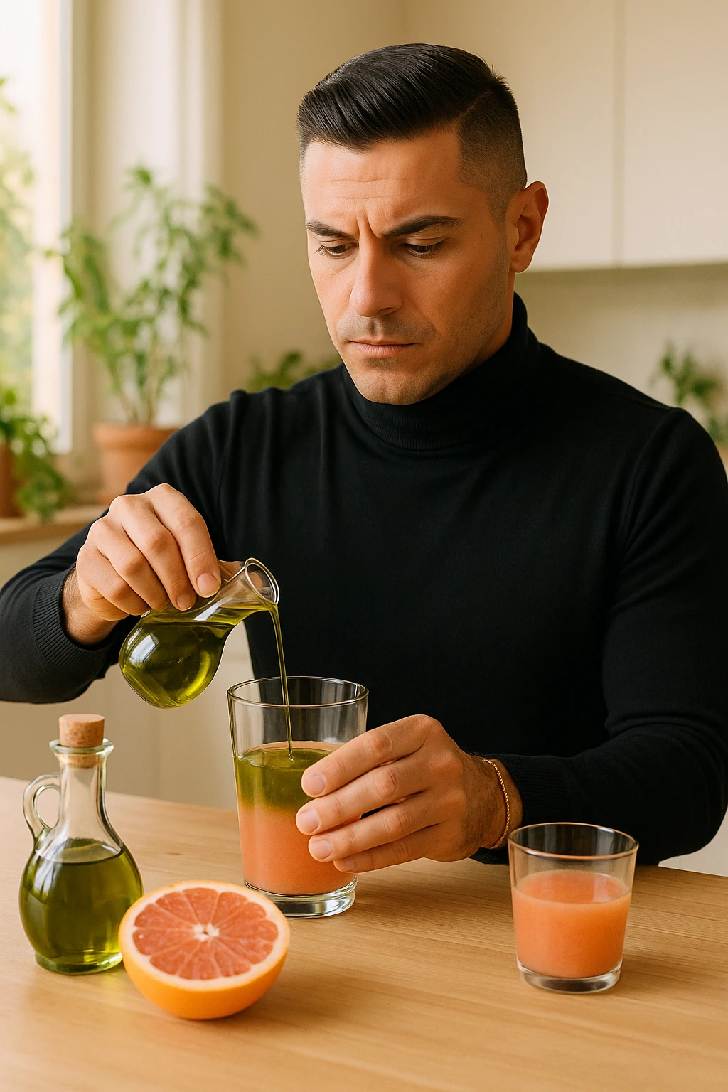 A realistic, warm-toned photo-style image of a man in his kitchen preparing a liver and gallbladder flush. On the counter, there is a small glass bottle of high-quality extra virgin olive oil with a rich green hue, and a freshly cut pink grapefruit with a small glass of its juice next to it. The man, in his mid-30s, looks focused and slightly apprehensive as he mixes the olive oil and grapefruit juice in a clear glass, preparing to drink it as part of a natural gallbladder cleanse. The background is clean, bright, and minimalist with wooden countertops, green plants, and sunlight coming through the window, giving a sense of natural health practices. The mood conveys a realistic moment of alternative health care, illustrating the preparation and intention for a natural flush to address gallstones, while maintaining a calm, educational, and hopeful tone in italiano emoji