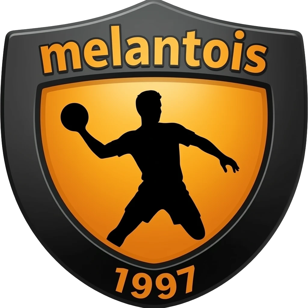 Logo que noir et orange avec un handballeur noir avec un ballon dans la main gauche le logo a une forme de blason je ne veux pas que le joueur saute je veux aussi qu’il soit marqué melantois en grand en haut et aussi 1997 en bas emoji
