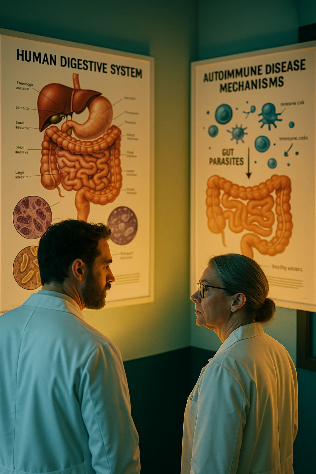 Realistic, detailed photo taken from behind of two doctors—a bearded man and a middle-aged woman—standing side by side in a modern medical office, intently studying a large, illuminated medical chart on the wall. The chart displays a detailed diagram of the human digestive system, highlighting the intestines and showing microscopic images of intestinal parasites. Next to it, another chart illustrates the immune system attacking healthy tissues, visually connecting gut parasites to autoimmune disease mechanisms. The room is bathed in a single green-blue color, with a warm, yellow-orange light casting soft shadows around the doctors. Both wear white coats and have serious, focused expressions, suggesting a deep discussion about the root causes of autoimmune conditions. Shot with a Canon EOS R5, with high detail, natural depth of field, and a clinical yet dramatic atmosphere. emoji