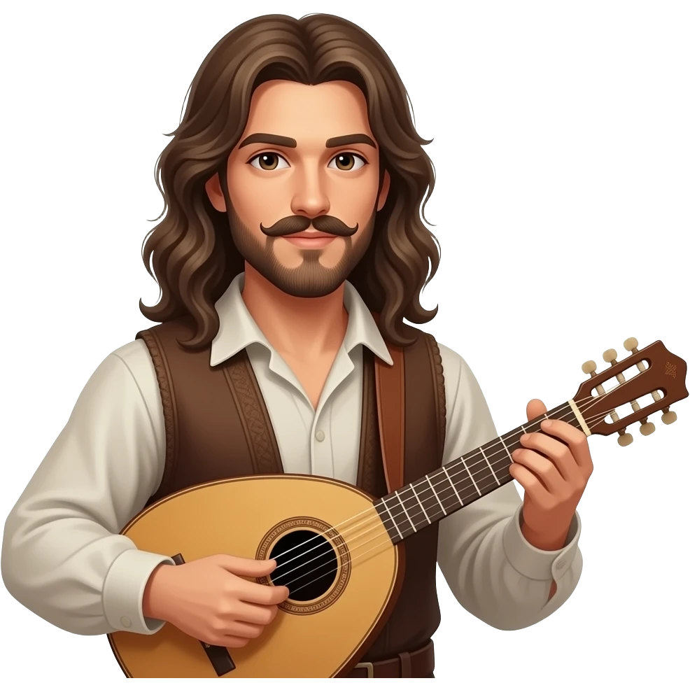 Beautiful Bard with long hair, Handlebar mustache, goatee and a lute emoji