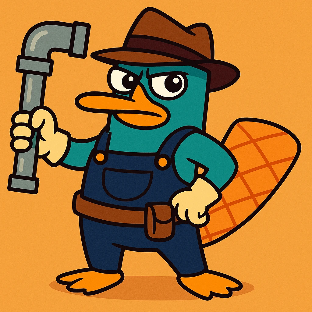 Perry the Platypus as a plumber, teal platypus, brown fedora, plumber's hat and gloves, holding pipe, cute and fun, vibrant toon emoji