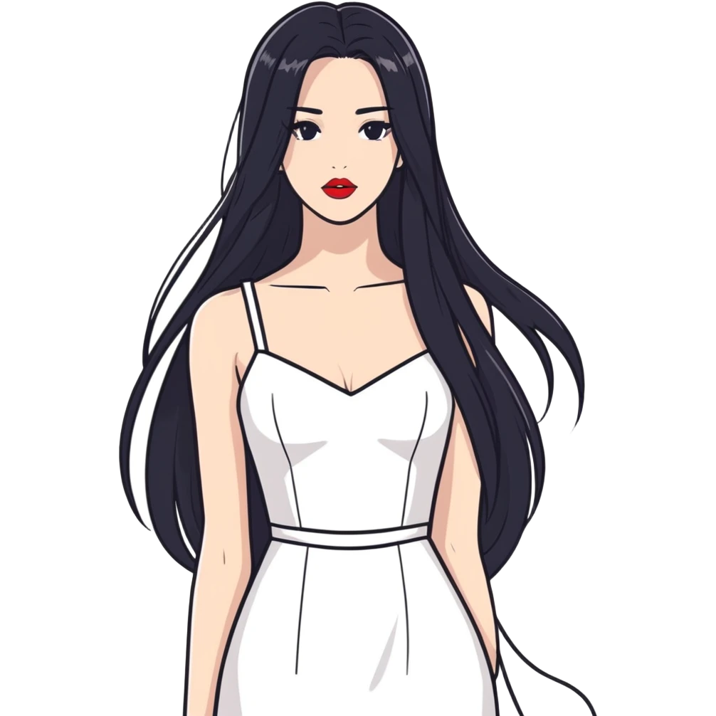 Girl with straight long black hair with structured face and a lipstick on with bigger chest and a white dress  emoji