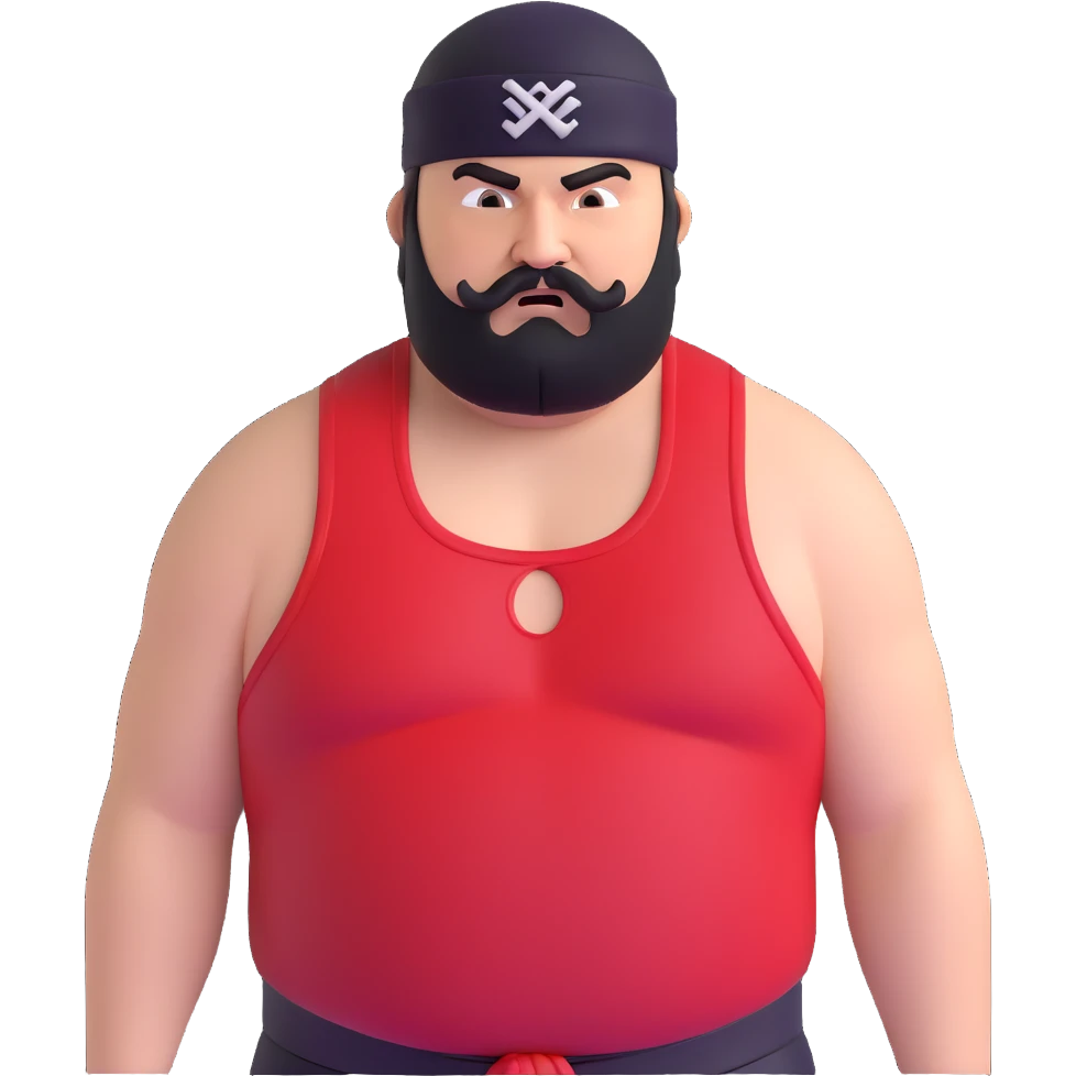 Close-up of extremely fat white skin guy with young face, prominent BLACK DURAG tied clearly on head, distinct black beard and mustache, no muscle, black eyes in a red and black wrestling singlet with angry face emoji