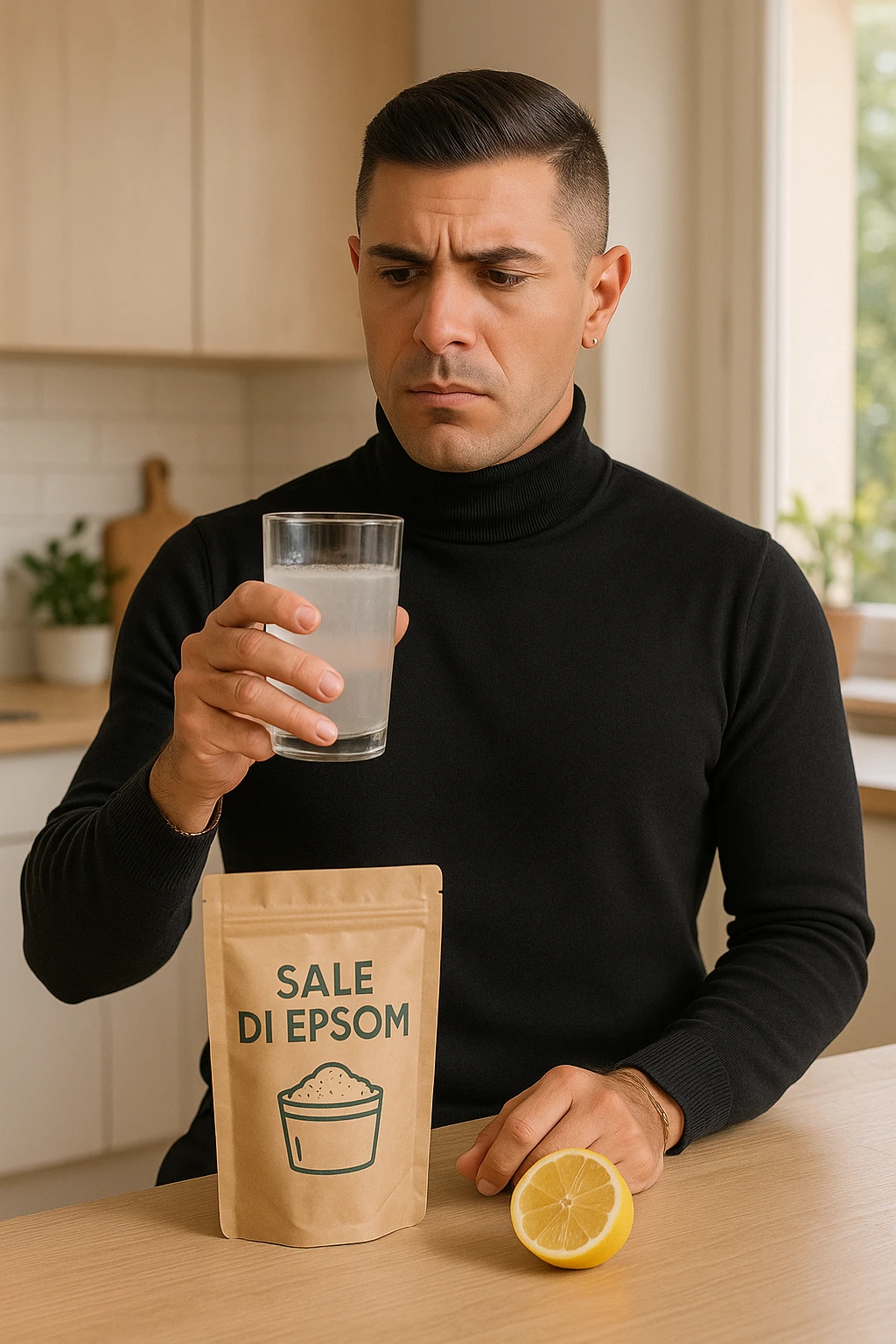 A realistic, bright photo-style image of a young man in his 30s standing in his kitchen, holding a clear glass filled with water in which Epsom salt (magnesium sulfate) has been dissolved. He looks focused but slightly uncertain as he prepares to drink it for a liver flush or digestive cleanse. The glass shows slight cloudiness from the dissolved salt. On the counter are a packet labeled 'Sale di Epsom' and a sliced lemon, suggesting he might use it to mask the taste. The setting is clean, natural, and bright with neutral tones. The background shows sunlight streaming through a window, emphasizing a clean, minimalist health-focused environment. The mood conveys a realistic, calm moment of self-care with a hint of discomfort, illustrating a natural detox practice in italiano emoji