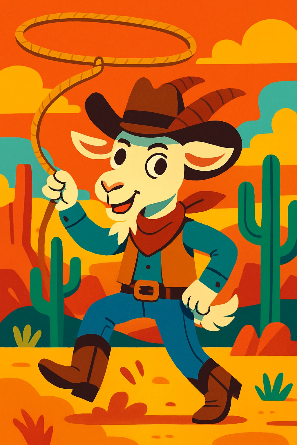 a goat cowboy with a lasso, western outfit, playful and fun, vibrant colors emoji