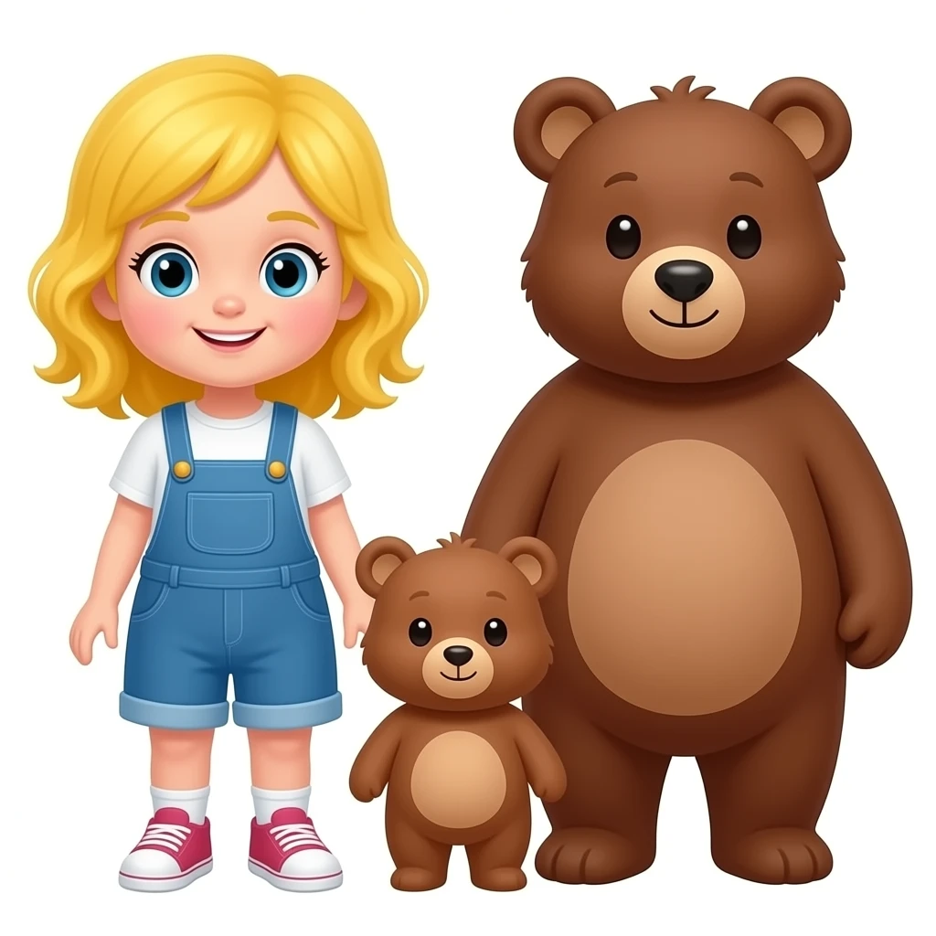 Goldilocks And 3 bears One Girl with Yellow wavy hair and overalls One papa bear one mama bear one baby bear With Bears house emoji