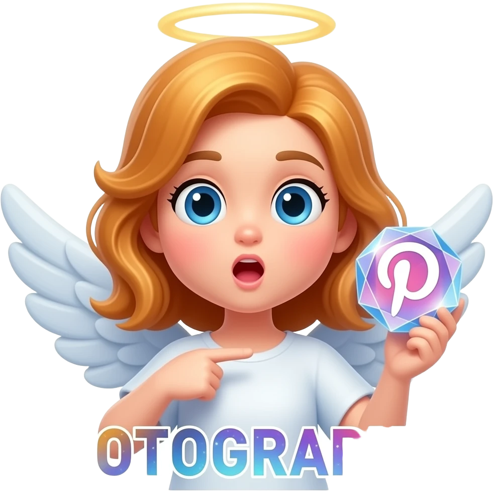 An ethereal blue eyes, glowing amber hair, angel, hand made of starlight holding a crystalline Pinterest logo on right hand, surprised, pointing at self. A glowing, bokeh text: 'PHOTOGRAPHY?' on the bellow left hand. Glowing nebula colors, isolated on white, bold 3D icon emoji