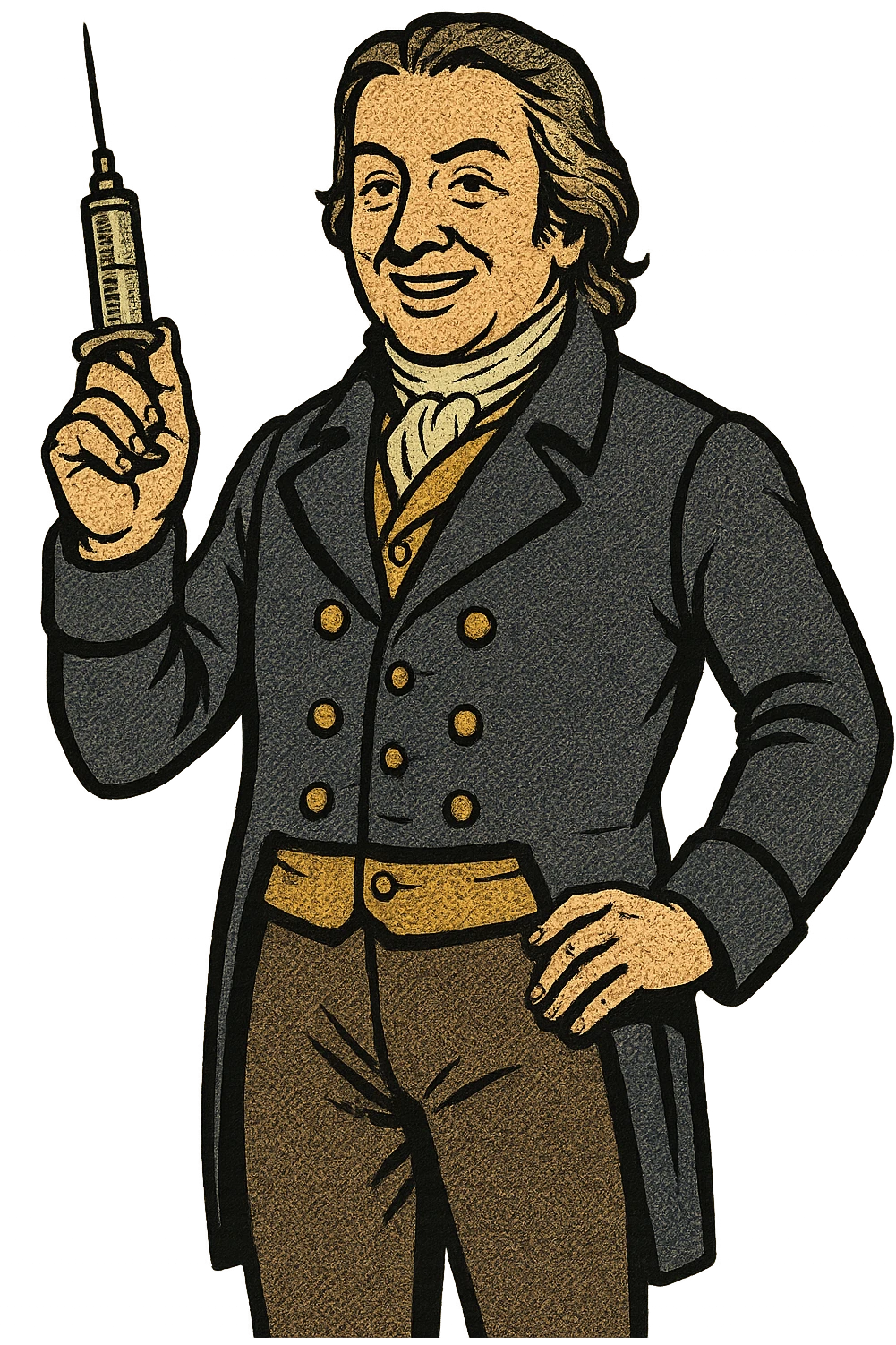 An full body image of victorian doctor smiling Edward Jenner from the late 1700s with an old fashioned syringe in his hand emoji
