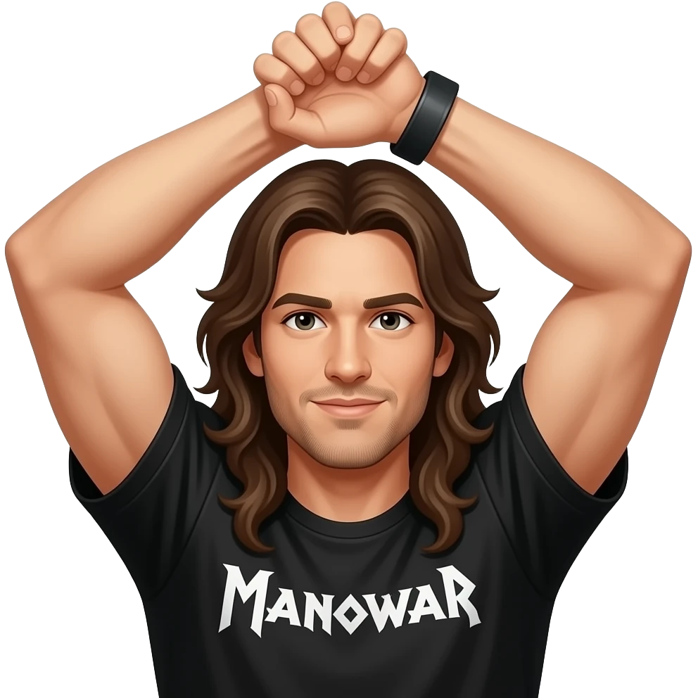 To arms held wide over the head and the left hand grabs the right wrist and the person should have Long hair and a black Manowar shirt emoji
