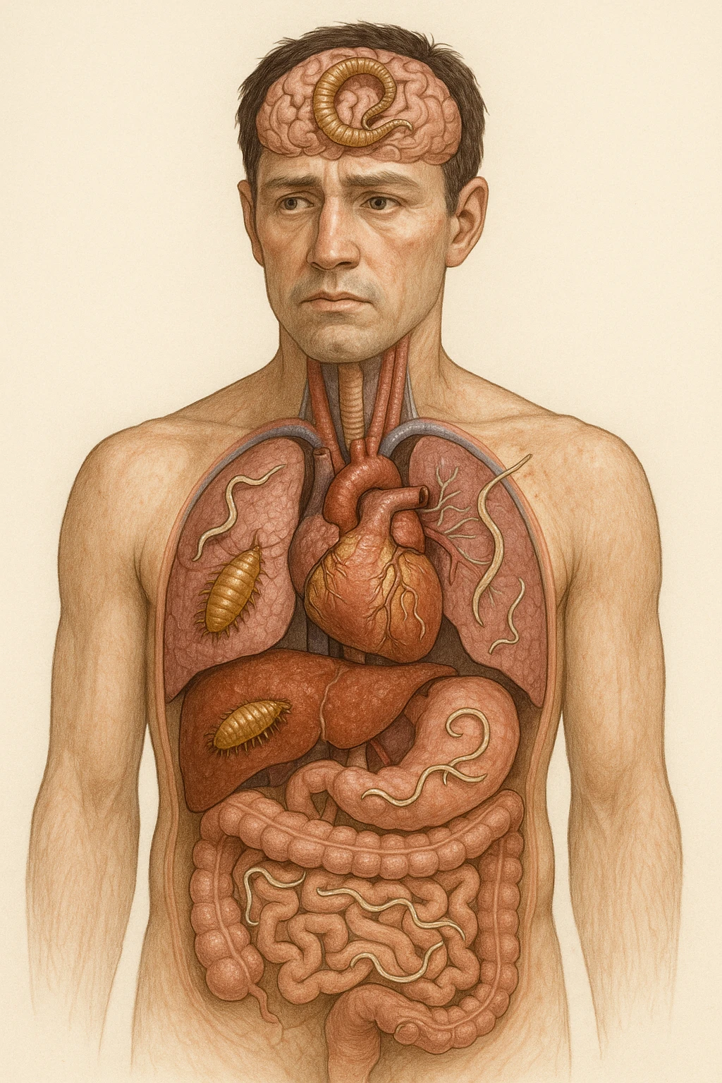 Parassiti che invadono tutti gli organi dentro il corpo umano di un uomo in italiano realistica emoji