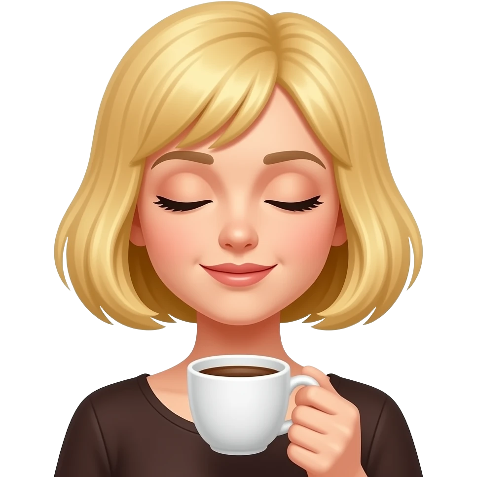 Hazme un emoji de una mujer con colochos rubia tomándose un café caliente con expresión tranquila y que agarre el café con una sola mano y que tenga los ojos relajados y cerrados. emoji