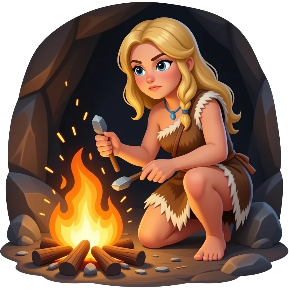 blonde cavewoman making fire emoji
