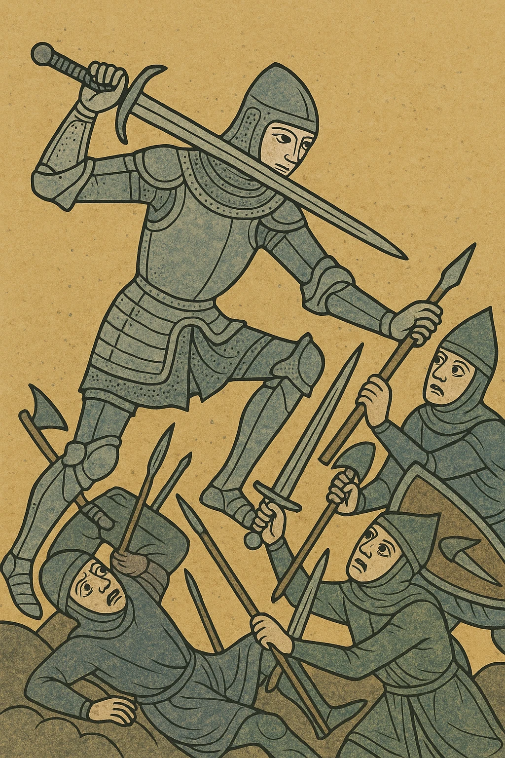 A knight in shining armor wielding a sword, medieval fantasy combat scene, dramatic action pose, detailed armor, dynamic background emoji