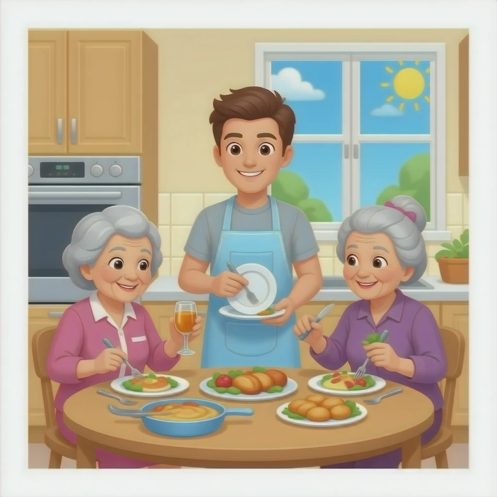 a young man doing dishes while old ladies enjoy food in a kitty emoji