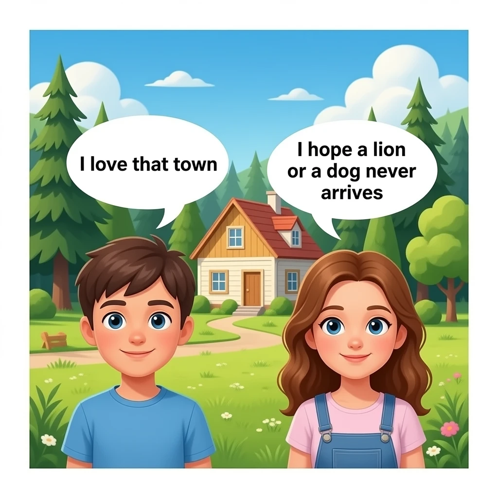 un publo con un bosque y casa de epoca 2026 con personas que sea realistas que una person diga en ingles:me encanta ese pueblo y otra persona que diga:espero que nunca llege un leon o un perrro  pero que no apareccan en la imagen solo las personas normales un chico y una chica emoji