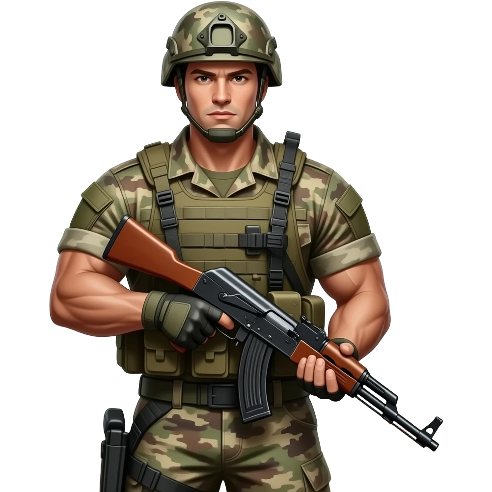 Super buff guy in army uniform holding a AK 47 emoji