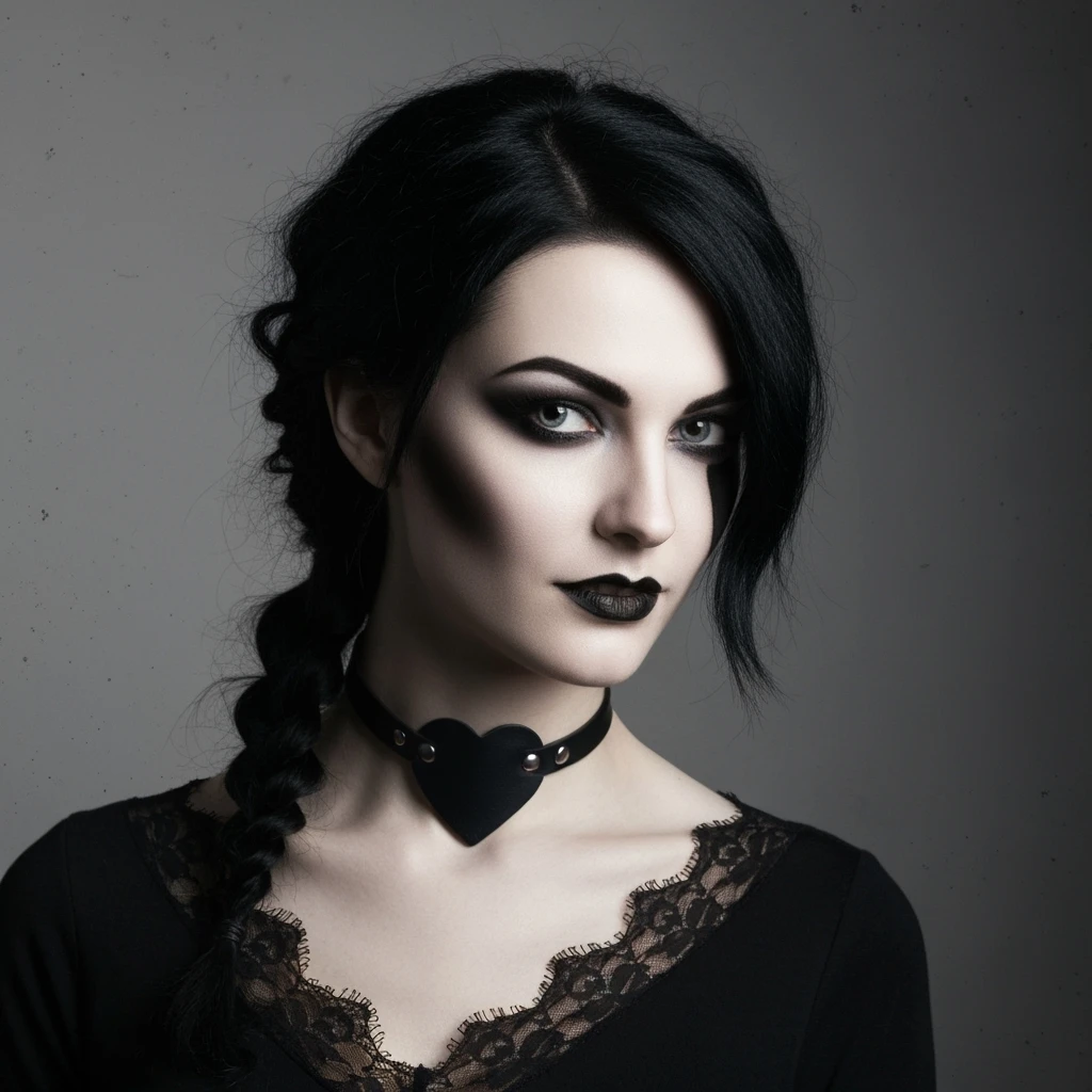 goth profile picture with a heart accent, cute, expressive, minimal, variation 3 emoji