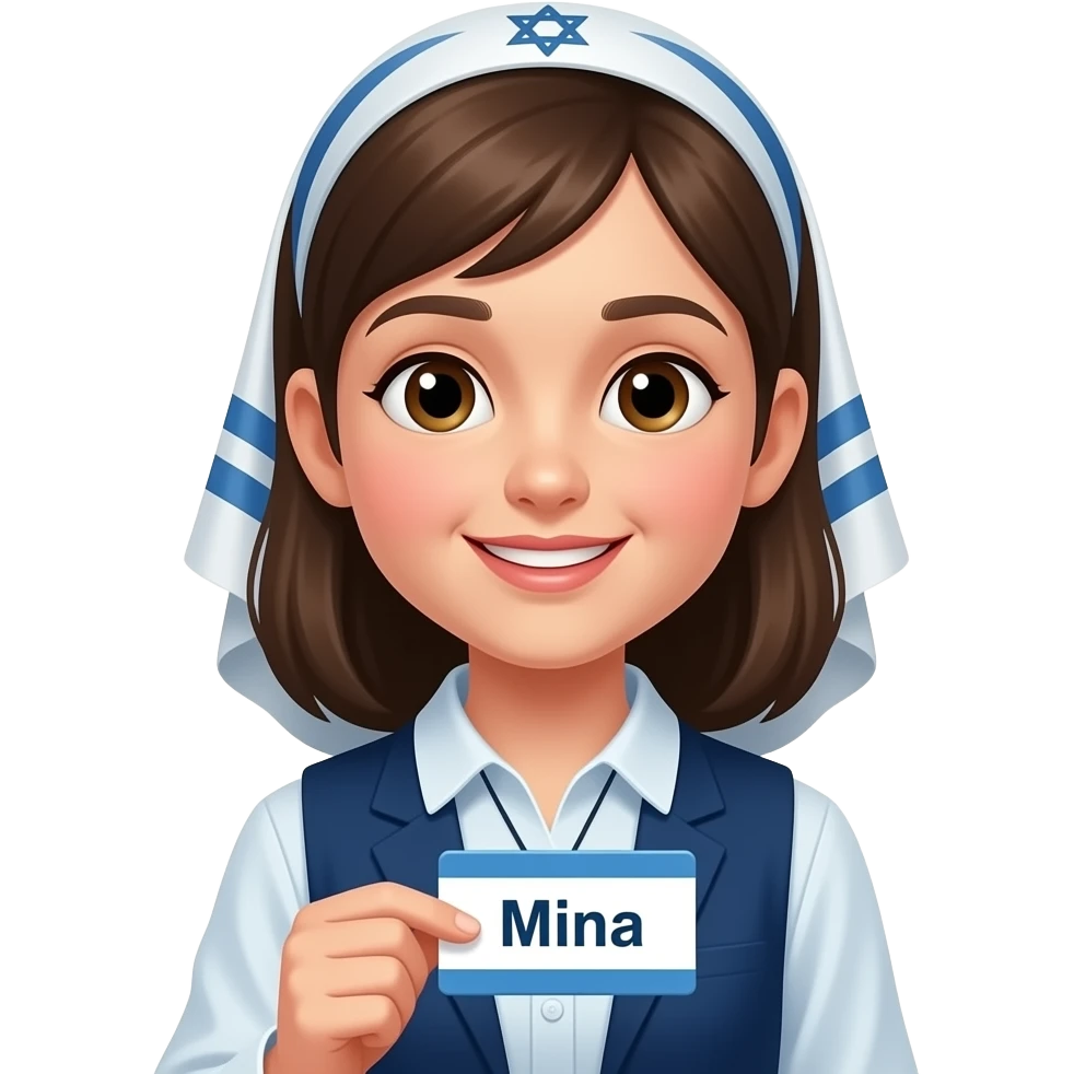 Jewish girl with a name tag that says mina emoji