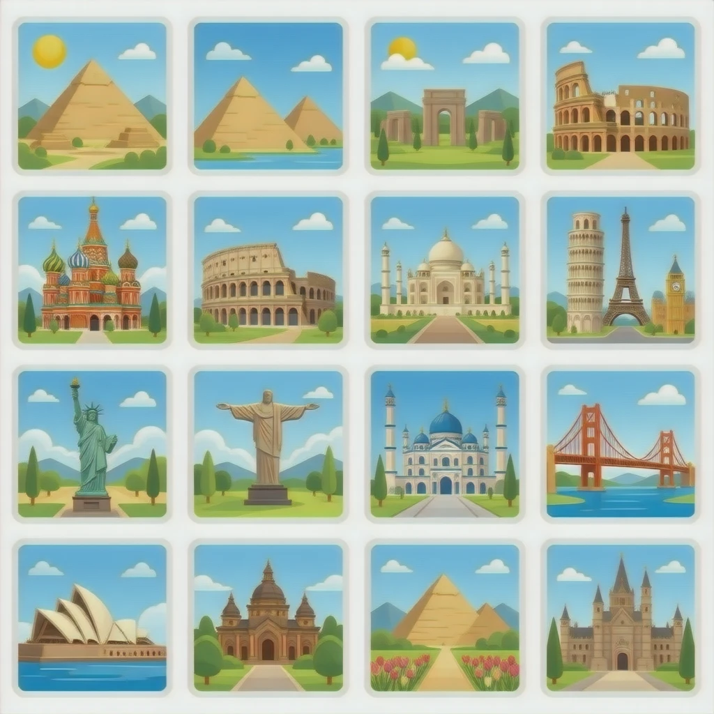 Pyramids Giza, Great Wall, colosseum, Stonehenge, st. Basil’s cathedral, Taj Mahal, leaning tower of Pisa, Big Ben, Eiffel Tower, Statue of Liberty, Machu Picchu, cristo redentor, blue mosque, Golden Gate Bridge, Sydney opera house, keukenhof park, Angkor wat, neuschwanstein castle, and terracotta emoji