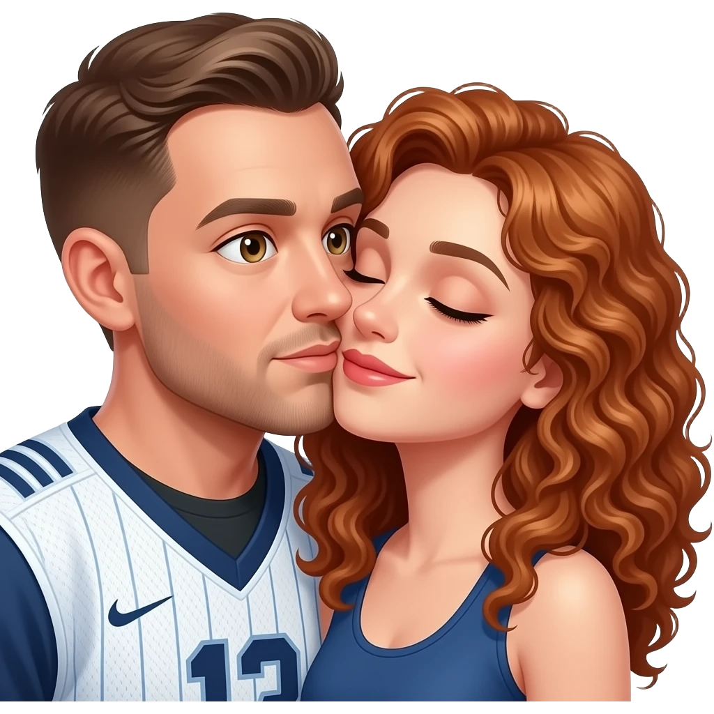 Bald man brown eyes in jersey kissing a curley red hair women emoji