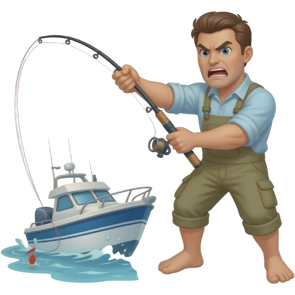 a guy slamming his fishing rod off the boat and hes angry emoji