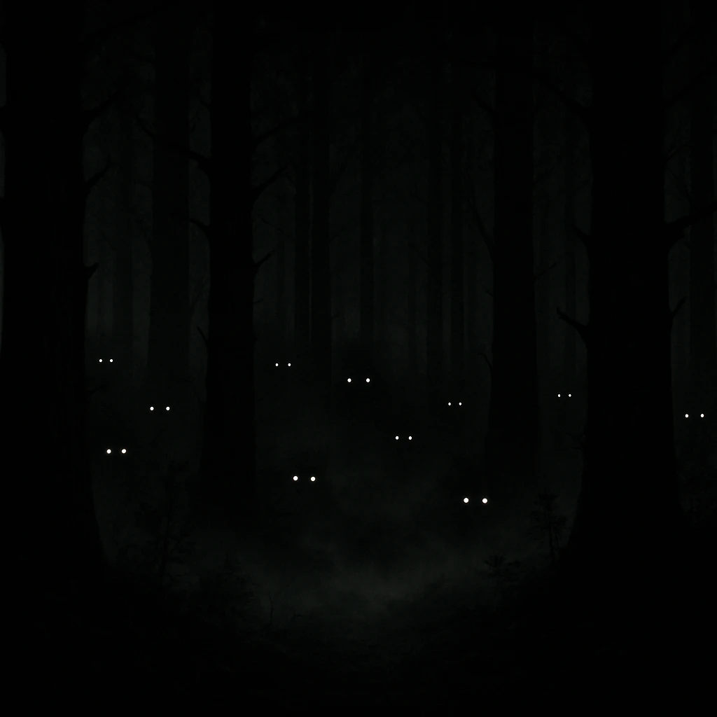 creepy banner, shadowy forest, glowing eyes in the darkness, mist, suspenseful mood, cinematic style emoji