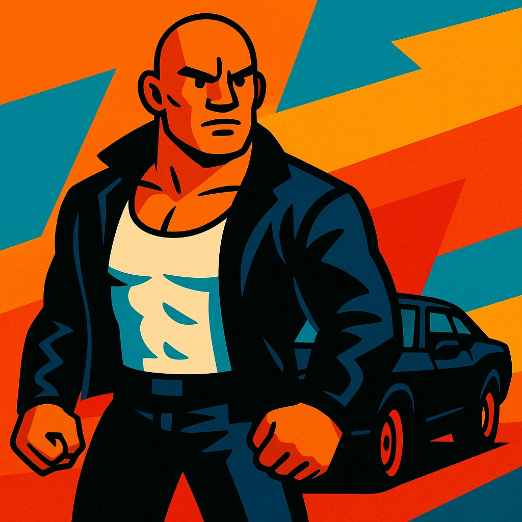 Bald muscular man in a white tank top and black jacket, black car in the background, action movie vibe emoji