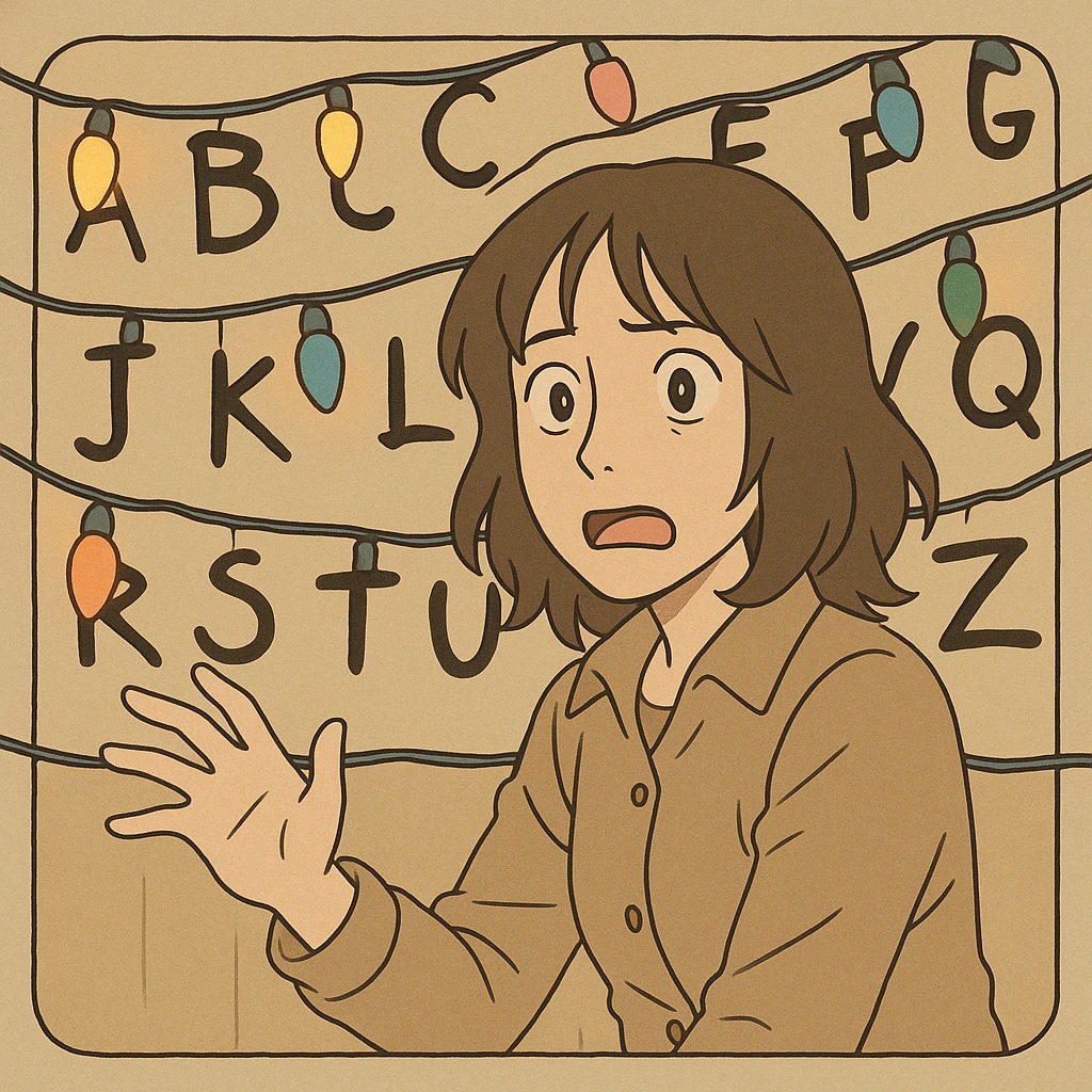Joyce Byers trying to communicate with Will through Christmas lights on the wall, surprised expression, lights blinking, simple line art, light pastel tones, thick outlines, Ghibli style, 1:1 format emoji