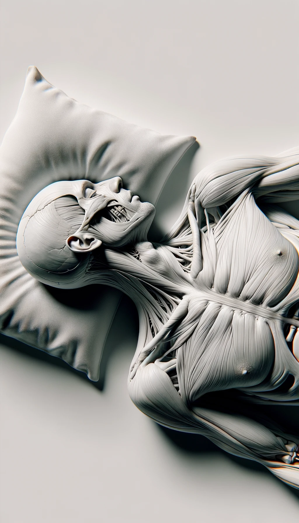 corpo umano anatomico CON TESTA SUL CUSCINO PERCHé STA DORMENDO, VISTO DALL'ALTO, ISOLATO SU SFONDO BIANCO, iperrealistico 4k emoji