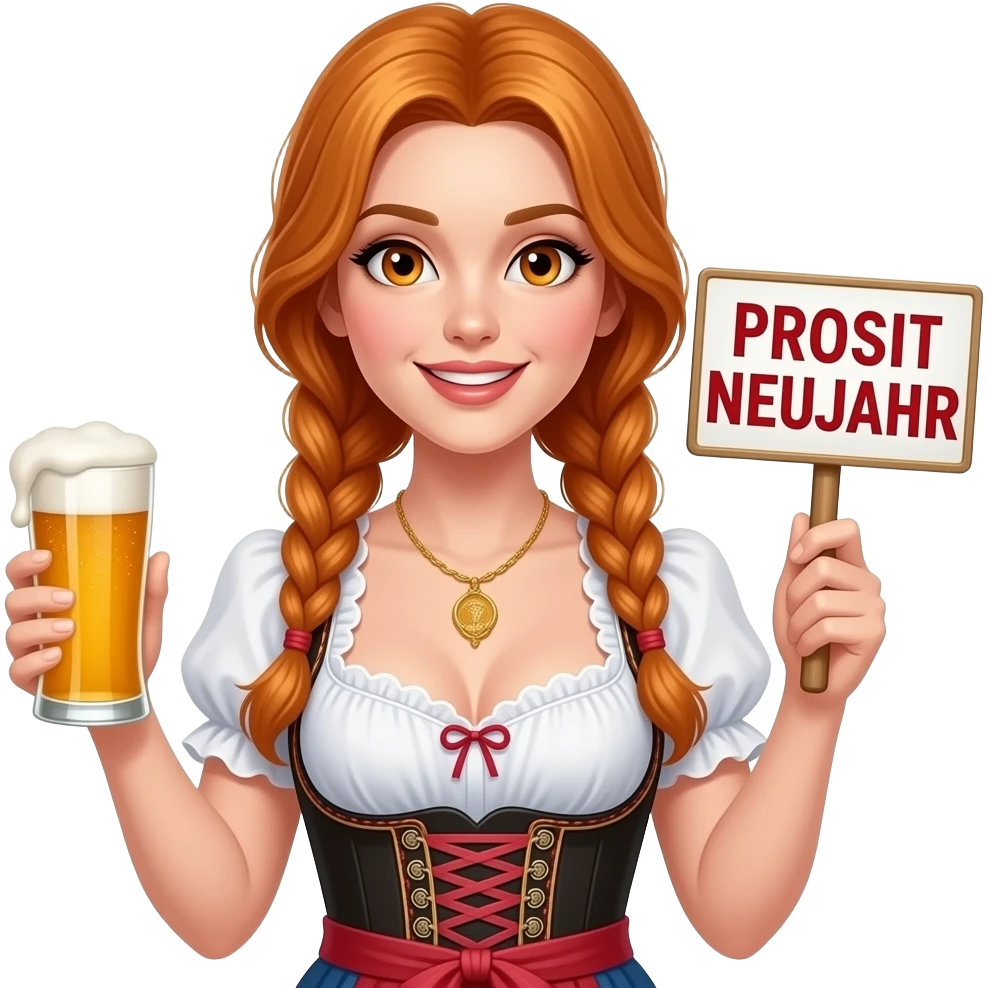 sexy girl with overlong ginger hair in braids and ginger eyes wearing a dirndl holding a PROSIT NEUJAHR sign emoji