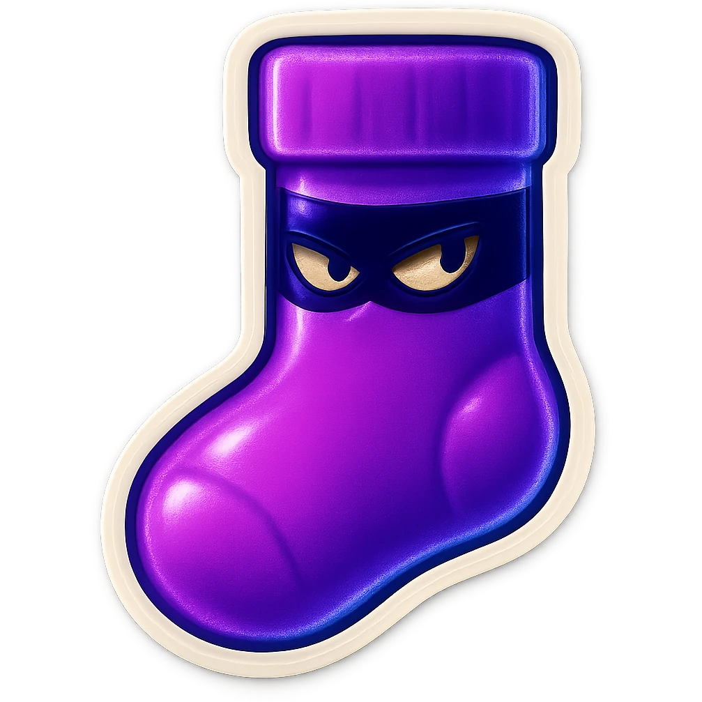 A neon-purple sock with a lurking face, wearing a spy mask, representing lurking or stealth. emoji