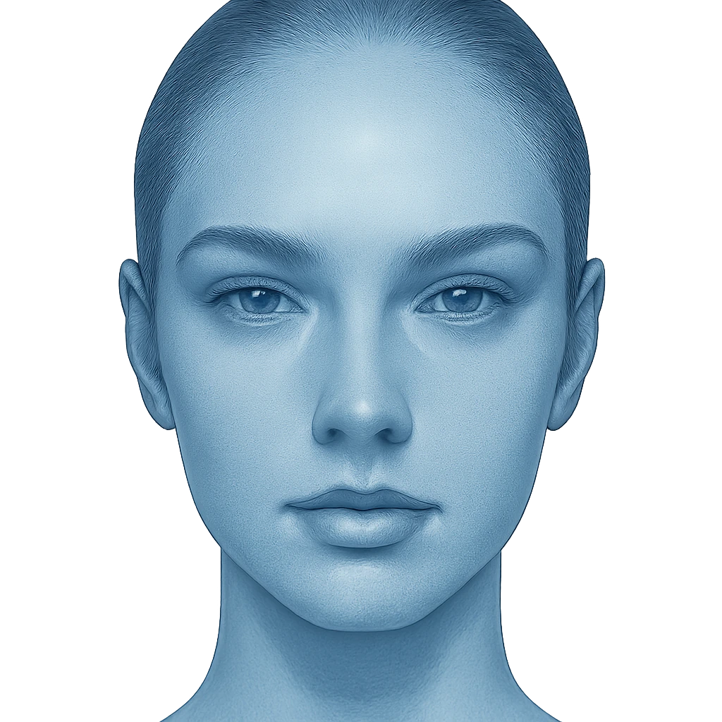 perfect face in blue color, realistic style, flawless skin, balanced features emoji