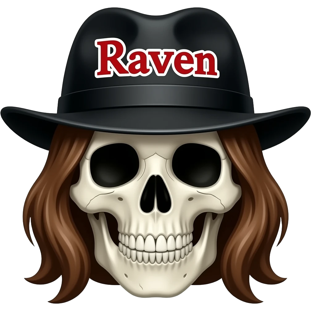 A skeleton head thats wearing a black hat that says "Raven" with red lettering and white bordering, with long brown hair emoji