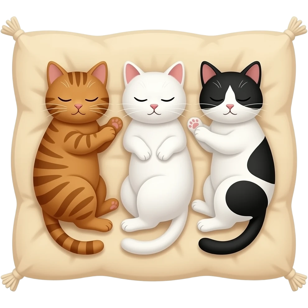 three cats (one brown, one white and other black and white) sleeping on a beige blanket emoji