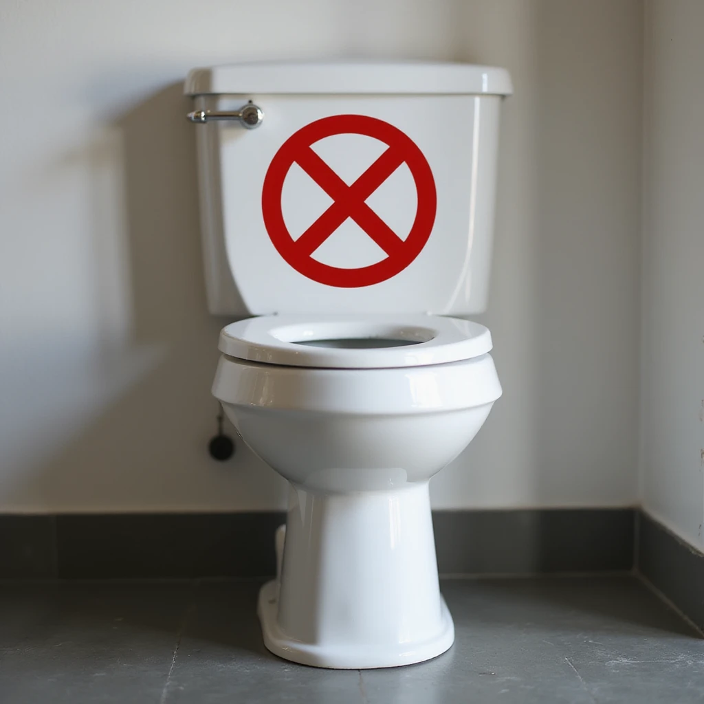 a photorealistic toilet with a vivid red prohibition symbol (circle and slash) over it emoji