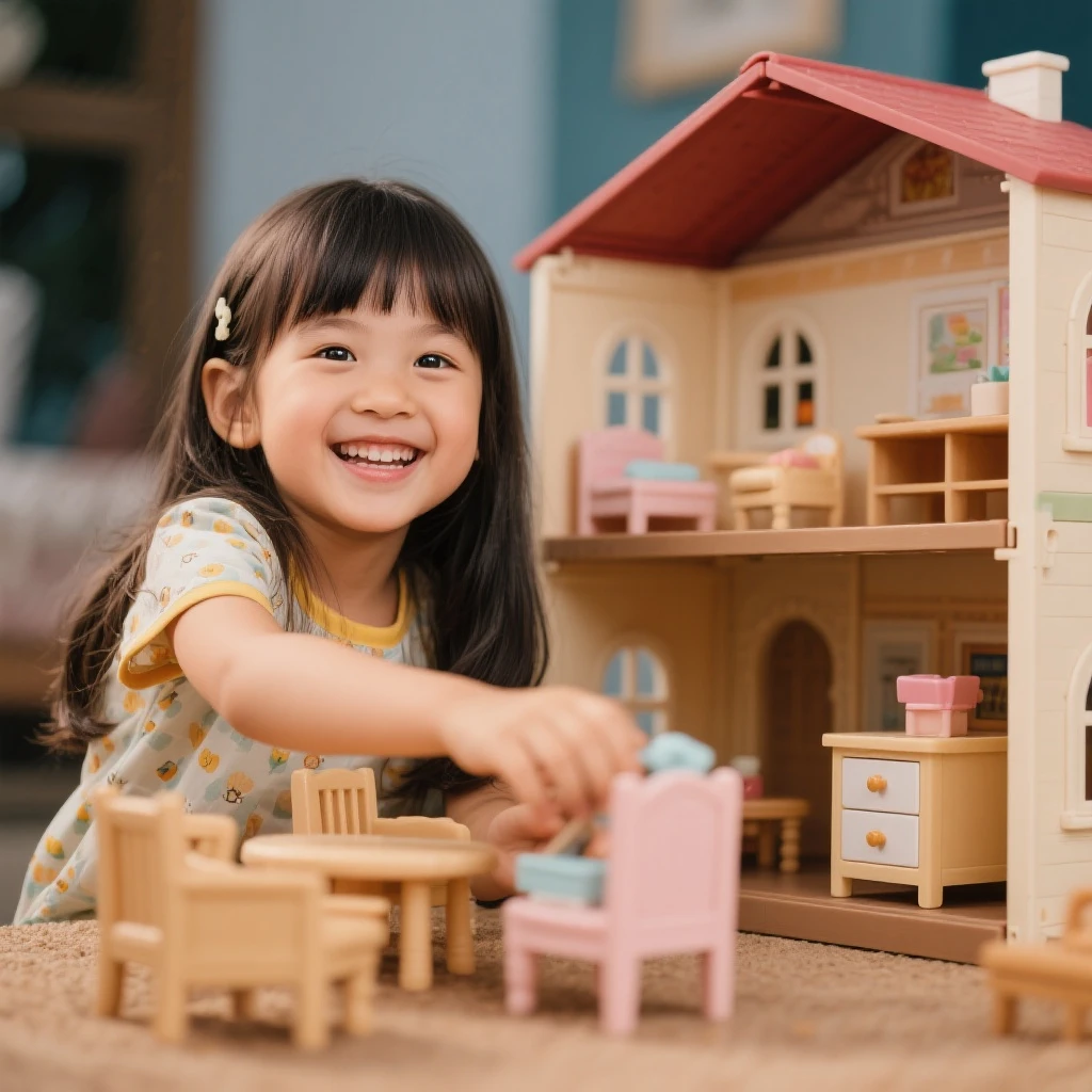 smiling girl arranging furniture in doll house emoji