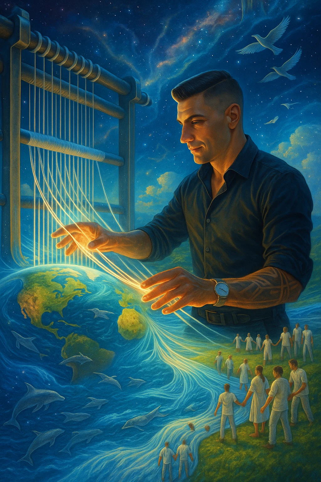 Uomo del 2030 al telaio gigante cosmico che tesse il destino del pianeta con fili di cotone stellare, ogni fibra naturale che intreccia ripara una parte dell'ecosistema terrestre, dita che brillano mentre guidano i fili di cotone attraverso dimensioni parallele, tessuto che si estende dall'atmosfera fino alle profondità marine, creature marine che nuotano attraverso le onde del tessuto acquatico, uccelli che volano seguendo i pattern del tessuto aereo, humanity unita che indossa vestiti di cotone e partecipa alla grande tessitura collettiva della salvezza planetaria emoji