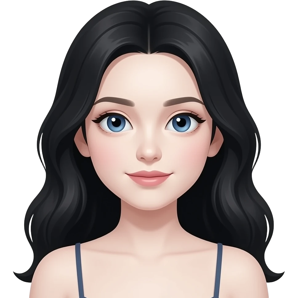 fille yeux bleus très longs cheveux noirs ondulés derrière les deux oreilles et peau blanche très très très pâle porte une camisole emoji