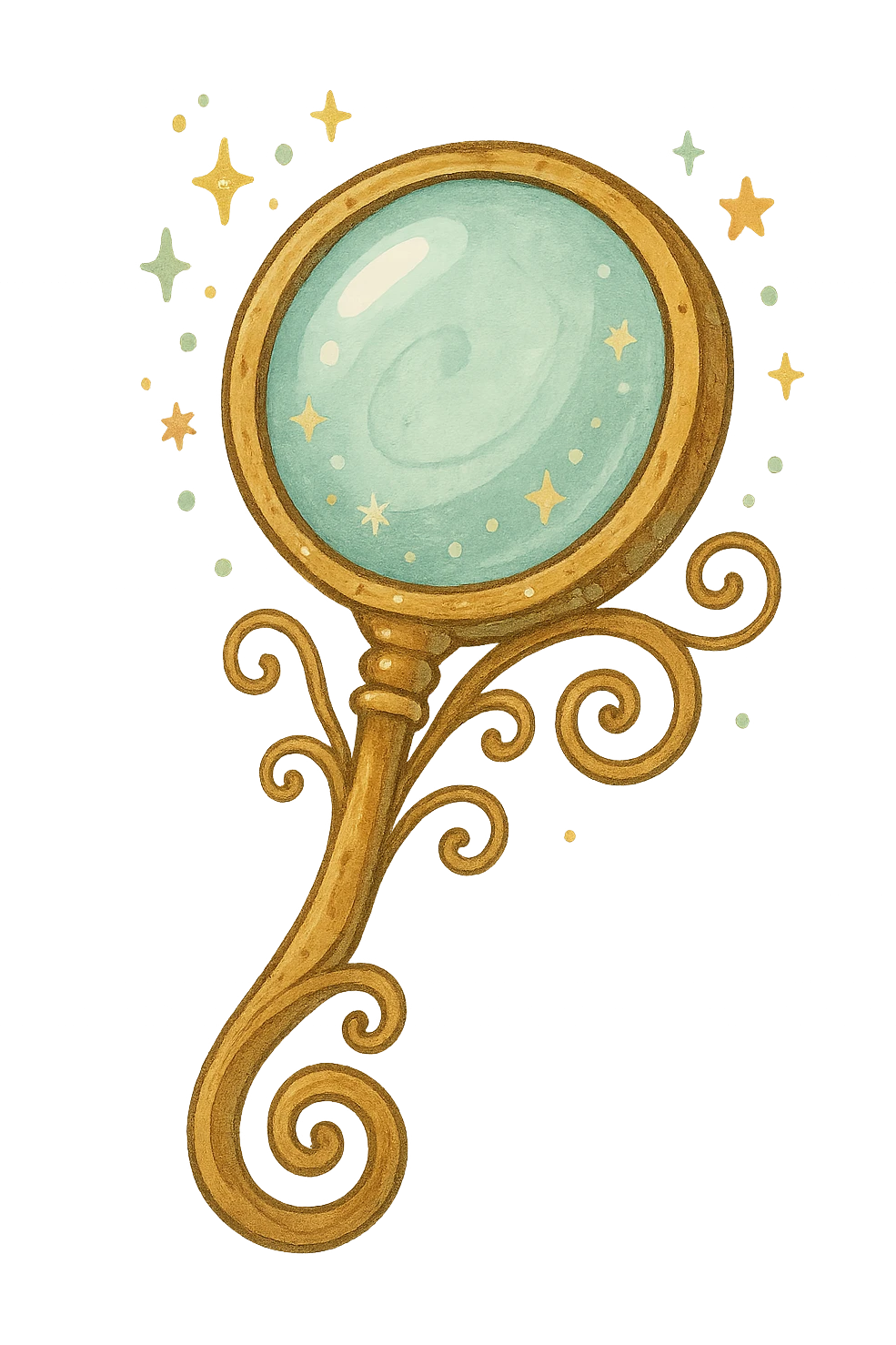A whimsical magnifying glass with a playful, magical design, curly or ornate handle, slightly oversized lens, lighthearted and charming look emoji