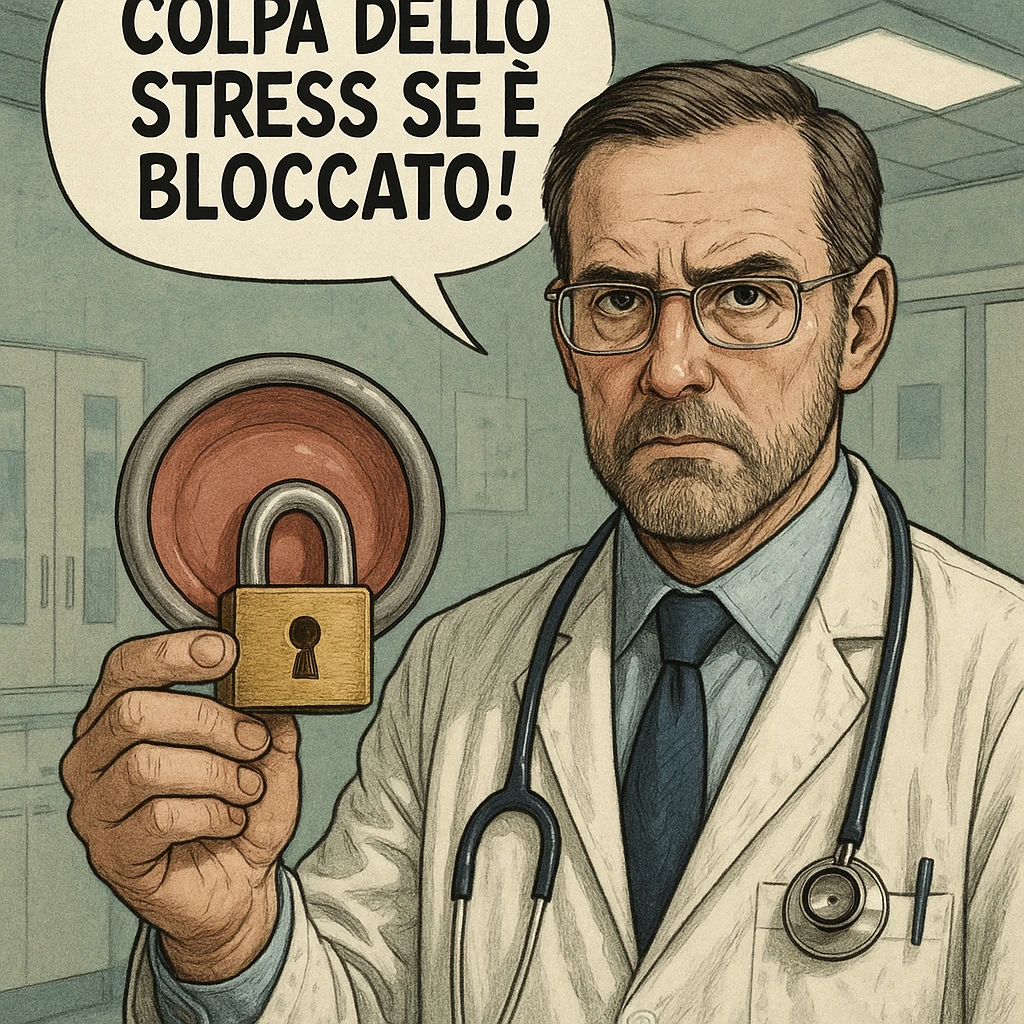 hyper realistic doctor holding a diaphragm locked with a padlock, serious expression, comic style with the phrase 'Colpa dello stress se è bloccato!', realistic details, clinical atmosphere emoji