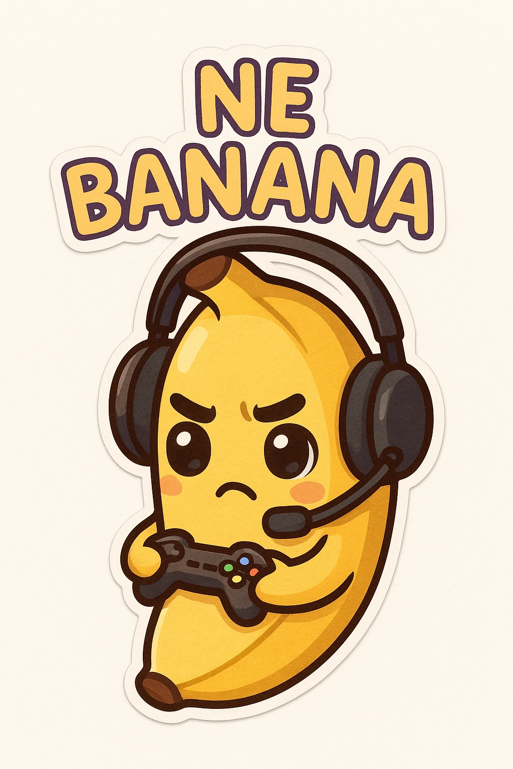 Cartoon banana wearing headset, holding tiny controller, focused expression, text above: "NE BANANA", chibi style, Twitch emoji style, transparent background, colorful emoji