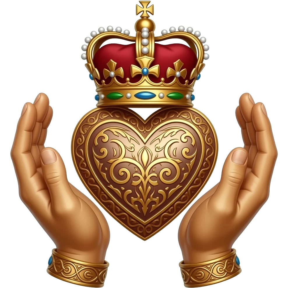 two bronze palms holding with their fingertips a bronze heart richly ornamented with arabesques and a richly decorated royal crown emoji