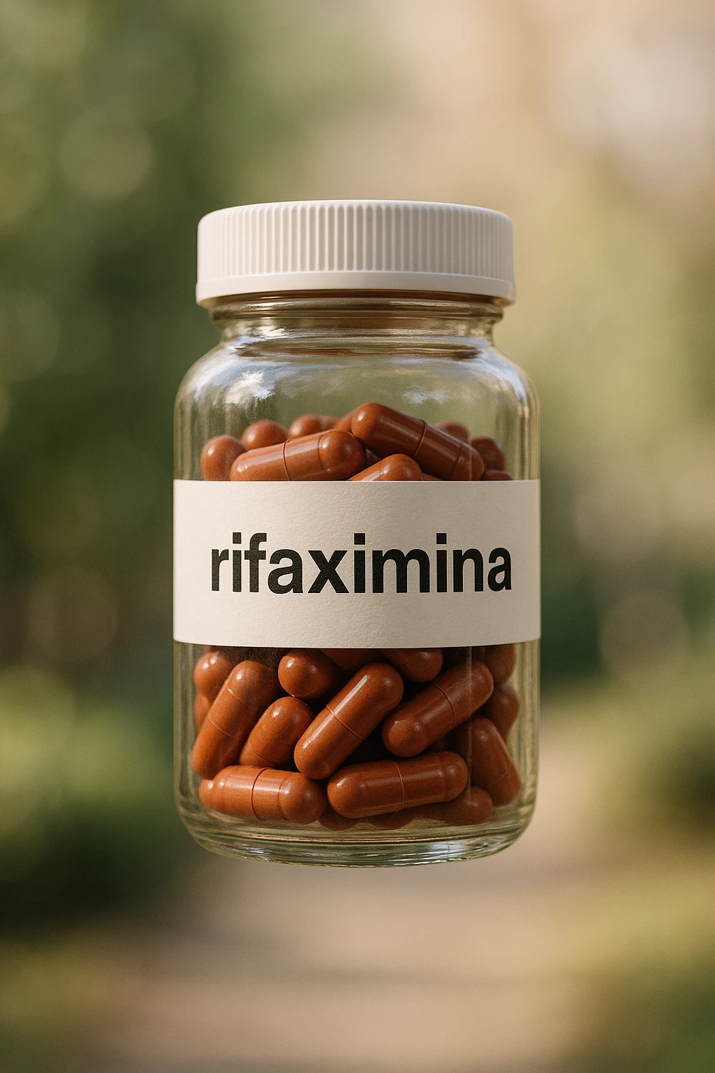 barattolo di medicinale con la scritta "rifaximina" sull'etichetta fluttua in aria, iperrealistico 4k emoji