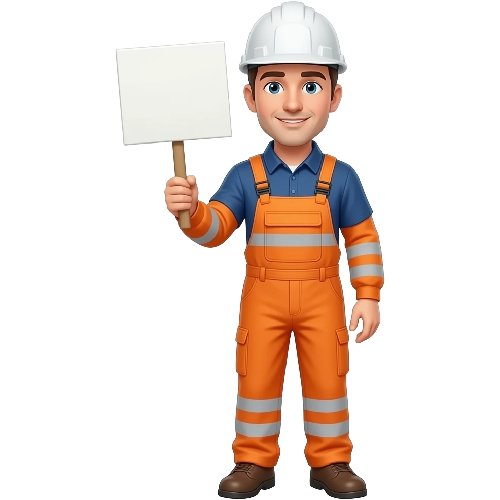 man standing in a hard hat and full orange hi-vis overalls with sleeves holding a sign emoji