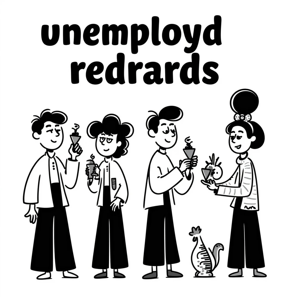 bold hand-drawn doodle of a group of eccentric creators with the text 'unemployd retards', emphasizing creativity and nonconformity emoji