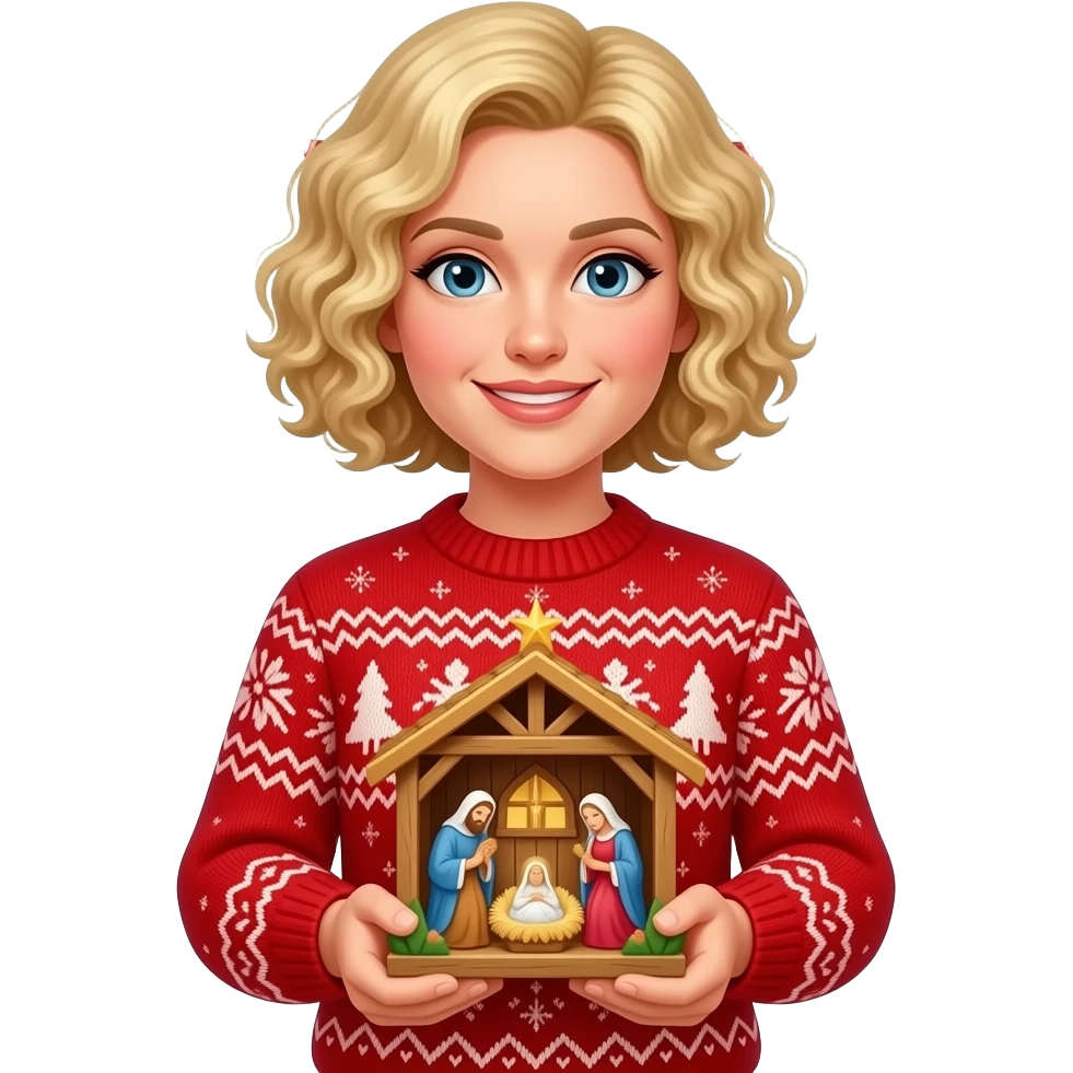 blonde tight curly hair in a short bob holding a nativity in a Christmas sweater and a Christmas banner behind emoji