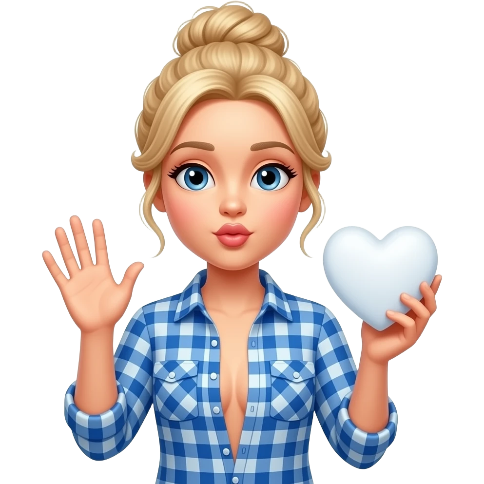 Blonde woman wearing hair up in a messy bun wearing a blue plaid shirt unbuttoned waving blowing a kiss with a white love heart emoji