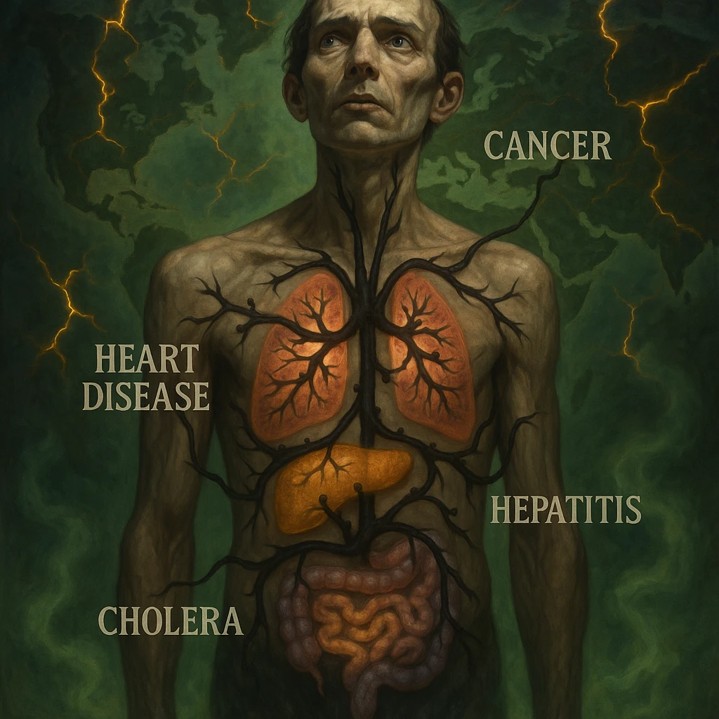 semi-realistic, allegorical style human figure, black parasites branch to organs, each organ with a colored aura and disease name, world map, glowing fissures, green mist emoji