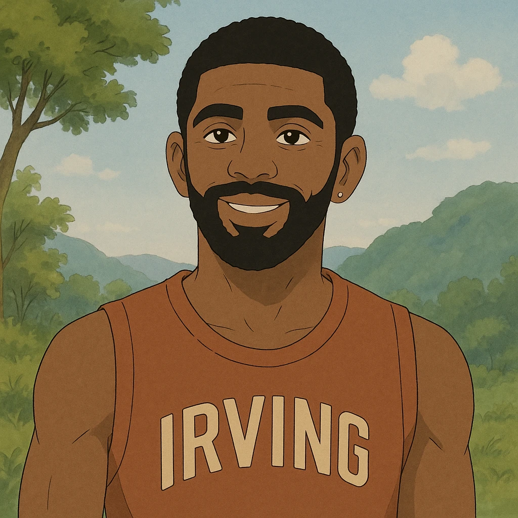 Kyrie Irving in Ghibli style, outdoors, subtle background emoji
